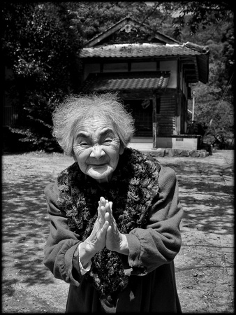 Ninety eight year old lady at Kyomizu temple, B&W